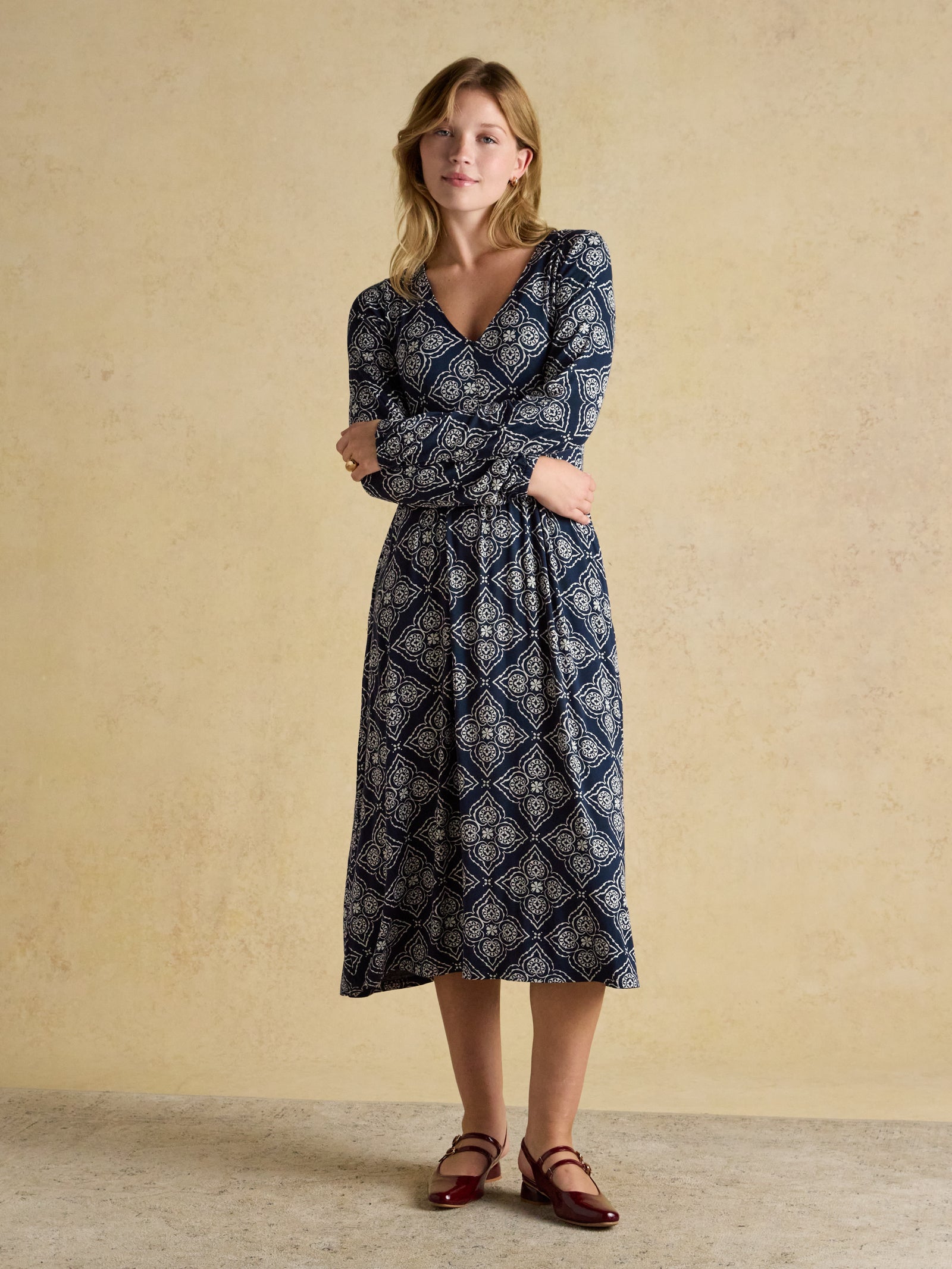 Joules Nia Navy Geo V-Neck Long Sleeve Midi Jersey Dress