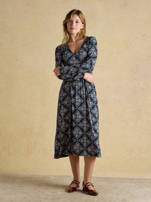 Joules Nia Navy Geo V-Neck Long Sleeve Midi Jersey Dress