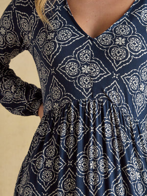 Joules Nia Navy Geo V-Neck Long Sleeve Midi Jersey Dress