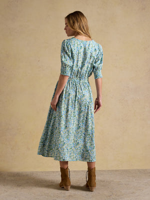 Joules Adele Green Ditsy V-Neck Short Sleeve Midi Dress