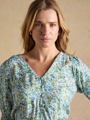Joules Adele Green Ditsy V-Neck Short Sleeve Midi Dress