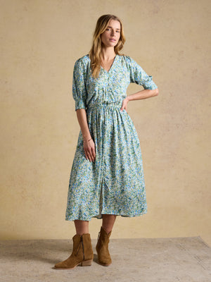 Joules Adele Green Ditsy V-Neck Short Sleeve Midi Dress