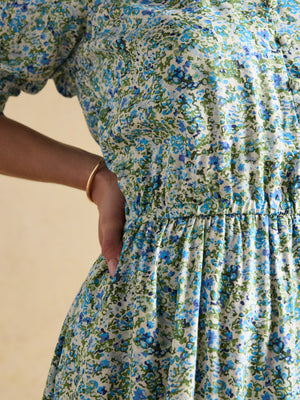 Joules Adele Green Ditsy V-Neck Short Sleeve Midi Dress