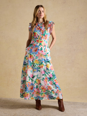 Joules Samantha White Multi Artist Floral Woven Maxi Dress