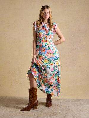 Joules Samantha White Multi Artist Floral Woven Maxi Dress