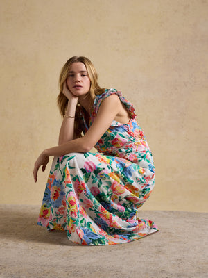 Joules Samantha White Multi Artist Floral Woven Maxi Dress