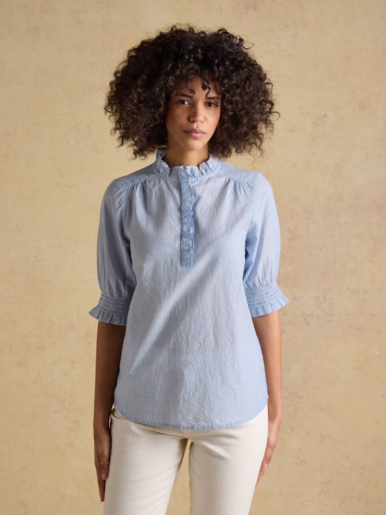 Joules Melanie Blue Short Sleeve Ruffle Blouse