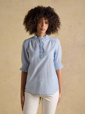 Joules Melanie Blue Short Sleeve Ruffle Blouse