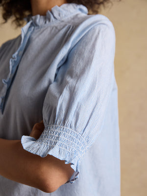 Joules Melanie Blue Short Sleeve Ruffle Blouse