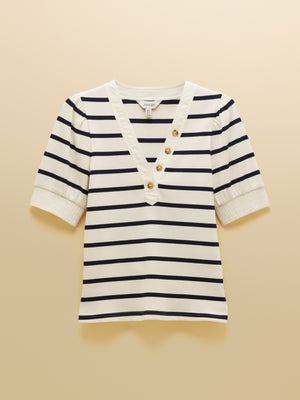 Joules Tabitha Navy Stripe Ribbed V-Neck Jersey Top with Puff Sleeves