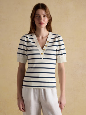 Joules Tabitha Navy Stripe Ribbed V-Neck Jersey Top with Puff Sleeves