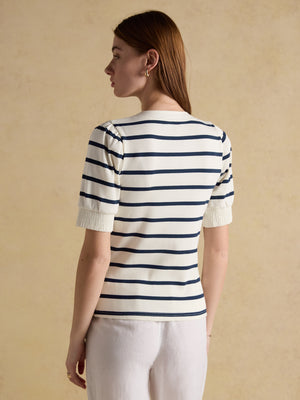 Joules Tabitha Navy Stripe Ribbed V-Neck Jersey Top with Puff Sleeves