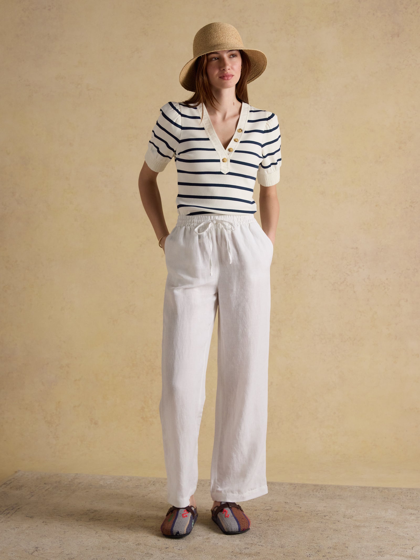 Joules Tabitha Navy Stripe Ribbed V-Neck Jersey Top with Puff Sleeves