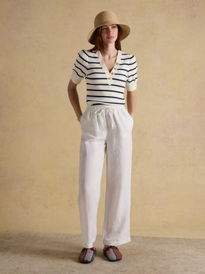 Joules Tabitha Navy Stripe Ribbed V-Neck Jersey Top with Puff Sleeves