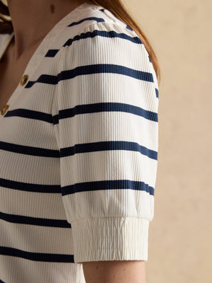 Joules Tabitha Navy Stripe Ribbed V-Neck Jersey Top with Puff Sleeves