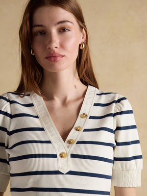 Joules Tabitha Navy Stripe Ribbed V-Neck Jersey Top with Puff Sleeves
