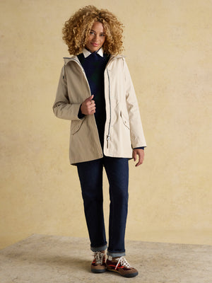 Joules Portwell Beige Waterproof Raincoat With Hood and Adjustable Waist