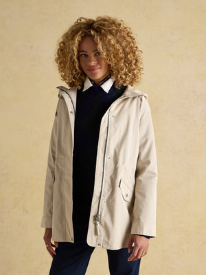 Joules Portwell Beige Waterproof Raincoat With Hood and Adjustable Waist