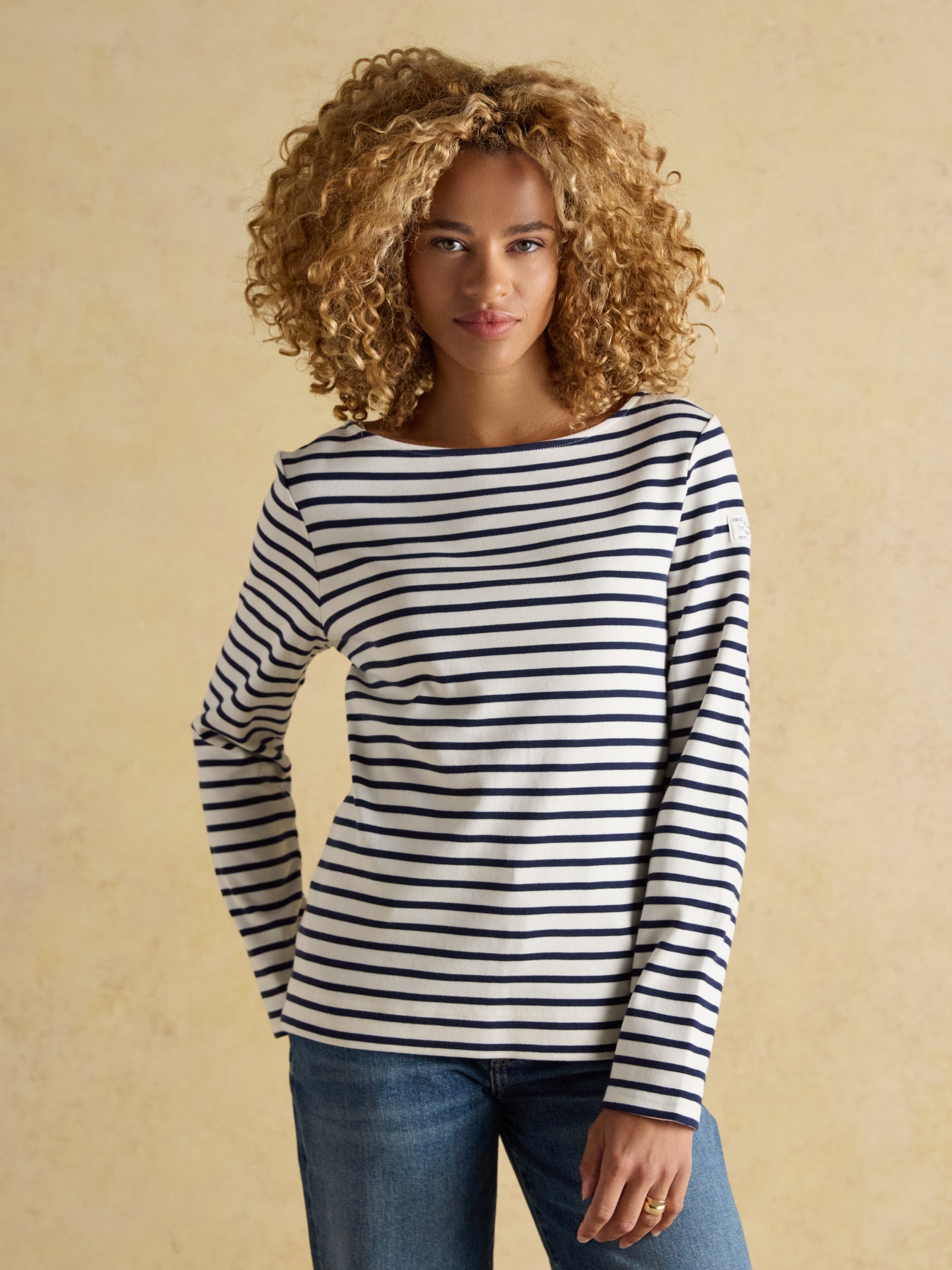 Joules Harbour Cream & Navy Boat Neck Long Sleeve Breton Stripe Top