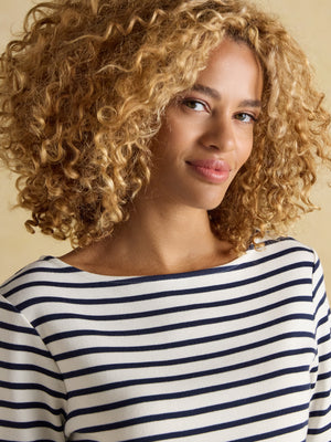 Joules Harbour Cream & Navy Boat Neck Long Sleeve Breton Stripe Top