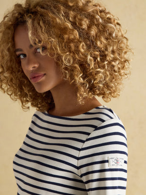 Joules Harbour Cream & Navy Boat Neck Long Sleeve Breton Stripe Top