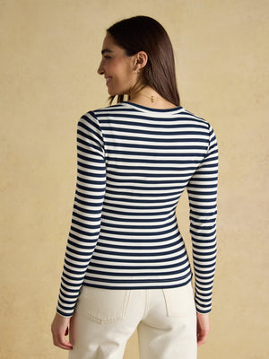 Joules Sophie Navy Stripe Long Sleeve Ribbed Fitted Top