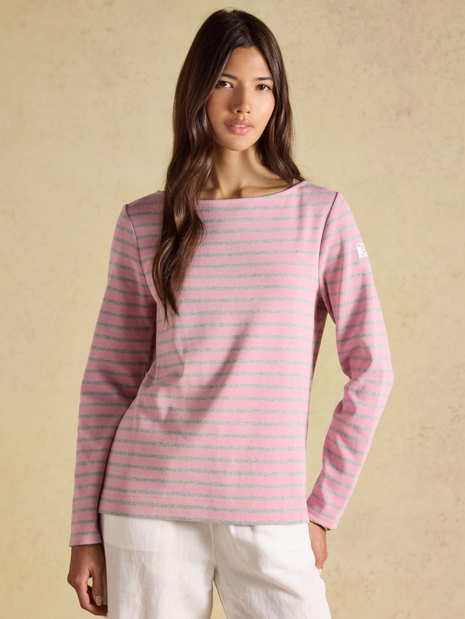 Joules Harbour Pink & Grey Marl Long Sleeve Striped Boat Neck Breton Top