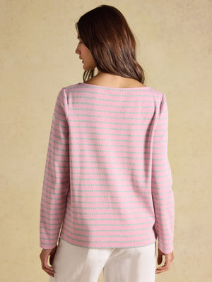 Joules Harbour Pink & Grey Marl Long Sleeve Striped Boat Neck Breton Top