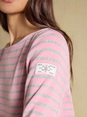 Joules Harbour Pink & Grey Marl Long Sleeve Striped Boat Neck Breton Top