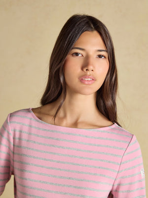 Joules Harbour Pink & Grey Marl Long Sleeve Striped Boat Neck Breton Top