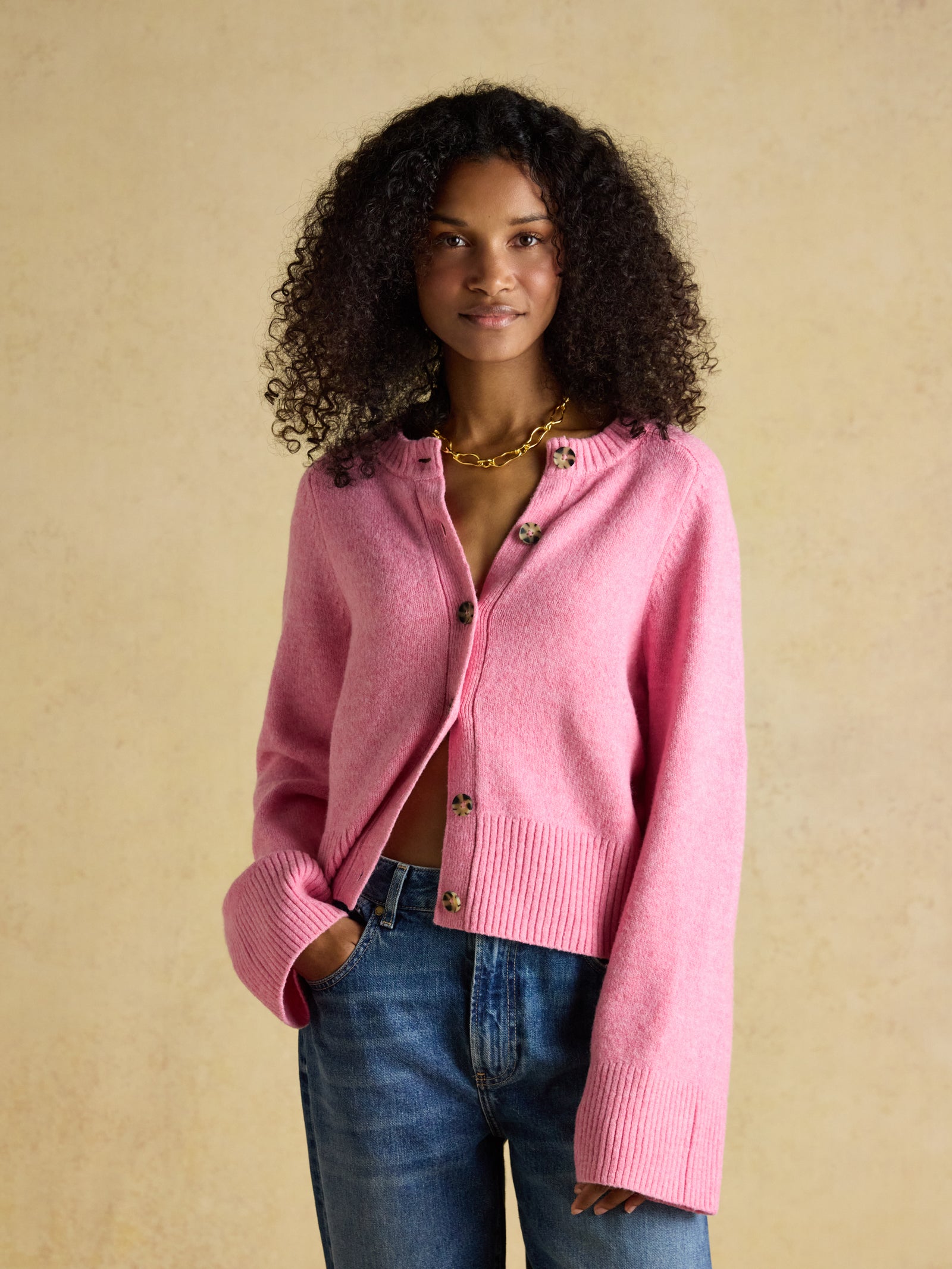 Joules Esme Pink Relaxed Knitted Round Neck Button Through Cardigan