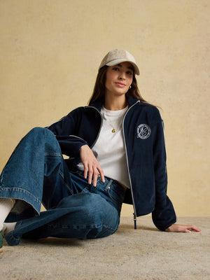 Joules Navy Polar Embroidered Full Zip Funnel Neck Fleece