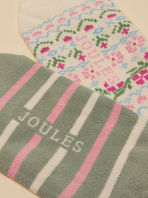 Joules Women's Bessie Cream Pink Green Invisible Socks (size 4-8)
