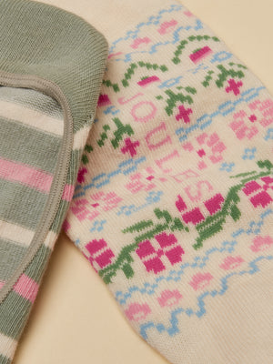 Joules Women's Bessie Cream Pink Green Invisible Socks (size 4-8)