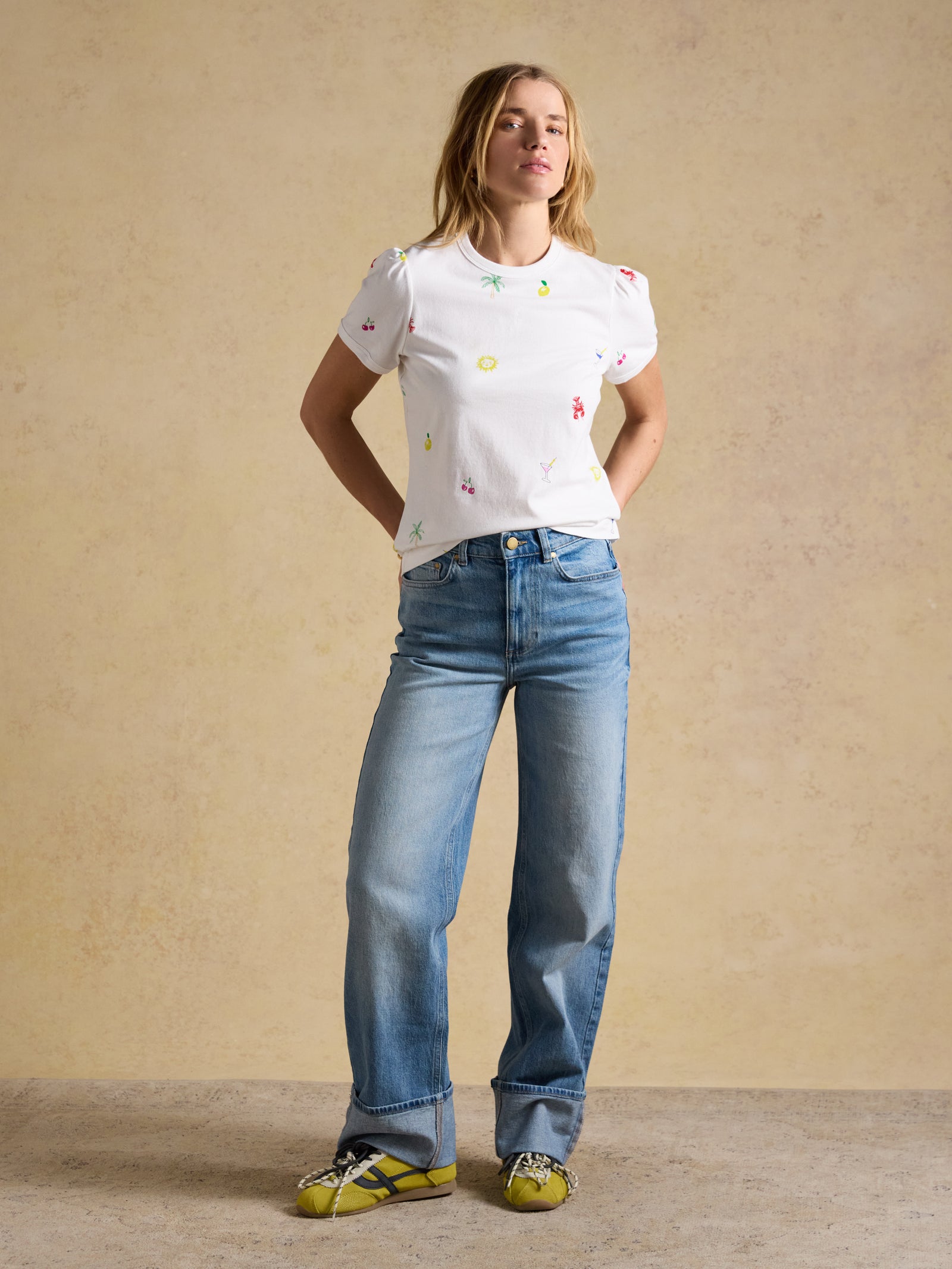 Joules Erin White Summer Icons Printed Short Sleeve Jersey T-Shirt