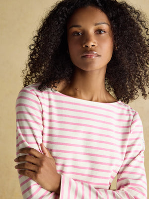 Joules Harbour Cream/Pink Boat Neck Long Sleeve Breton Stripe Top
