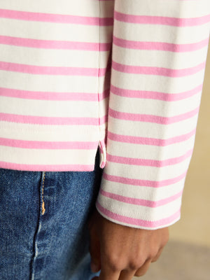 Joules Harbour Cream/Pink Boat Neck Long Sleeve Breton Stripe Top