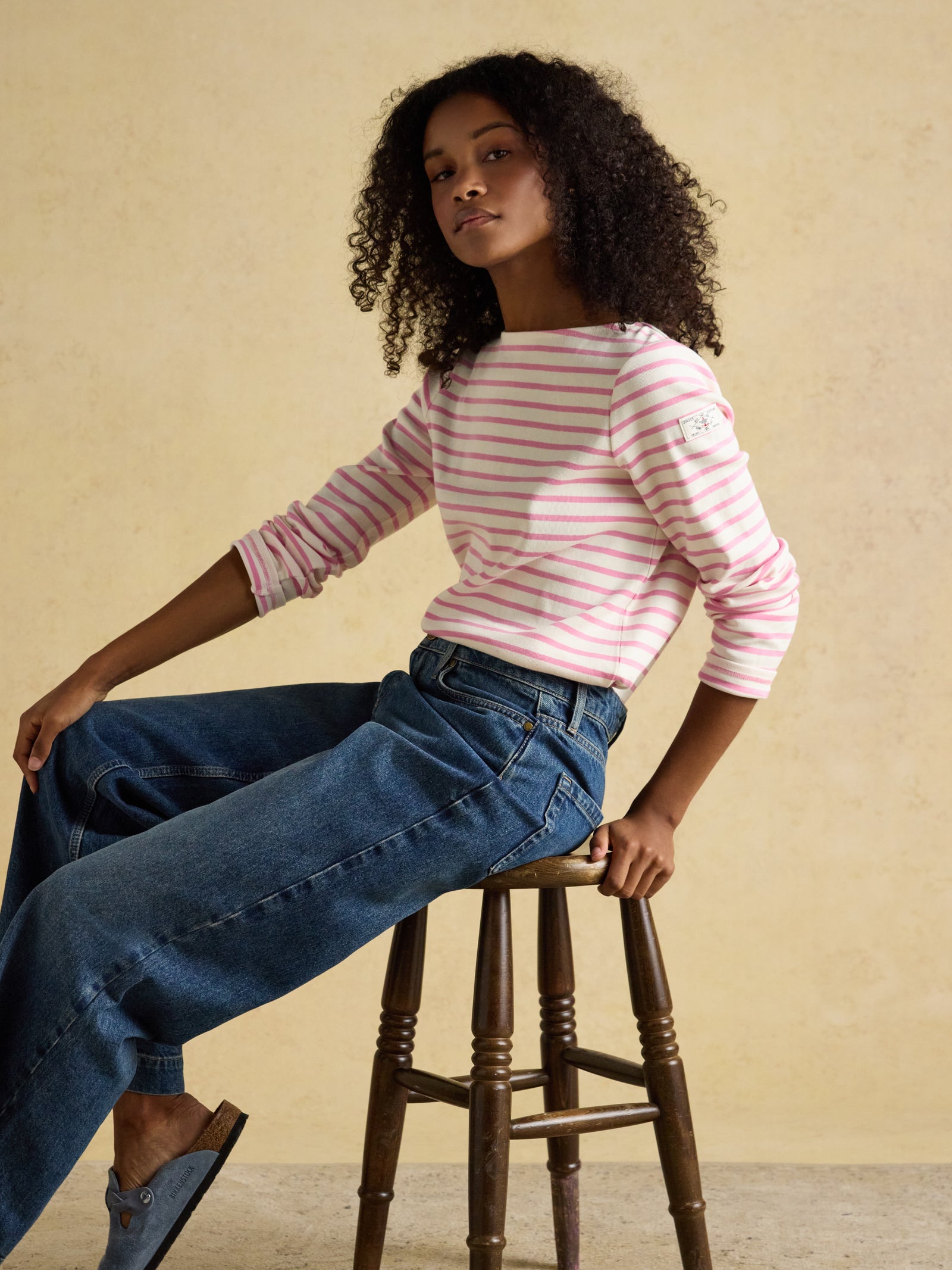 Joules Harbour Cream/Pink Boat Neck Long Sleeve Breton Stripe Top