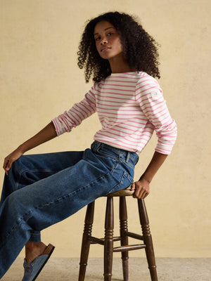 Joules Harbour Cream/Pink Boat Neck Long Sleeve Breton Stripe Top