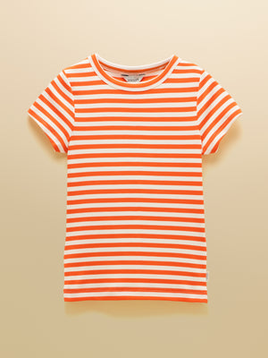 Joules Sophie Orange Striped Short Sleeve Ribbed Fitted T-Shirt