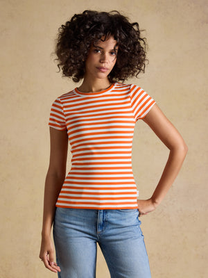 Joules Sophie Orange Striped Short Sleeve Ribbed Fitted T-Shirt