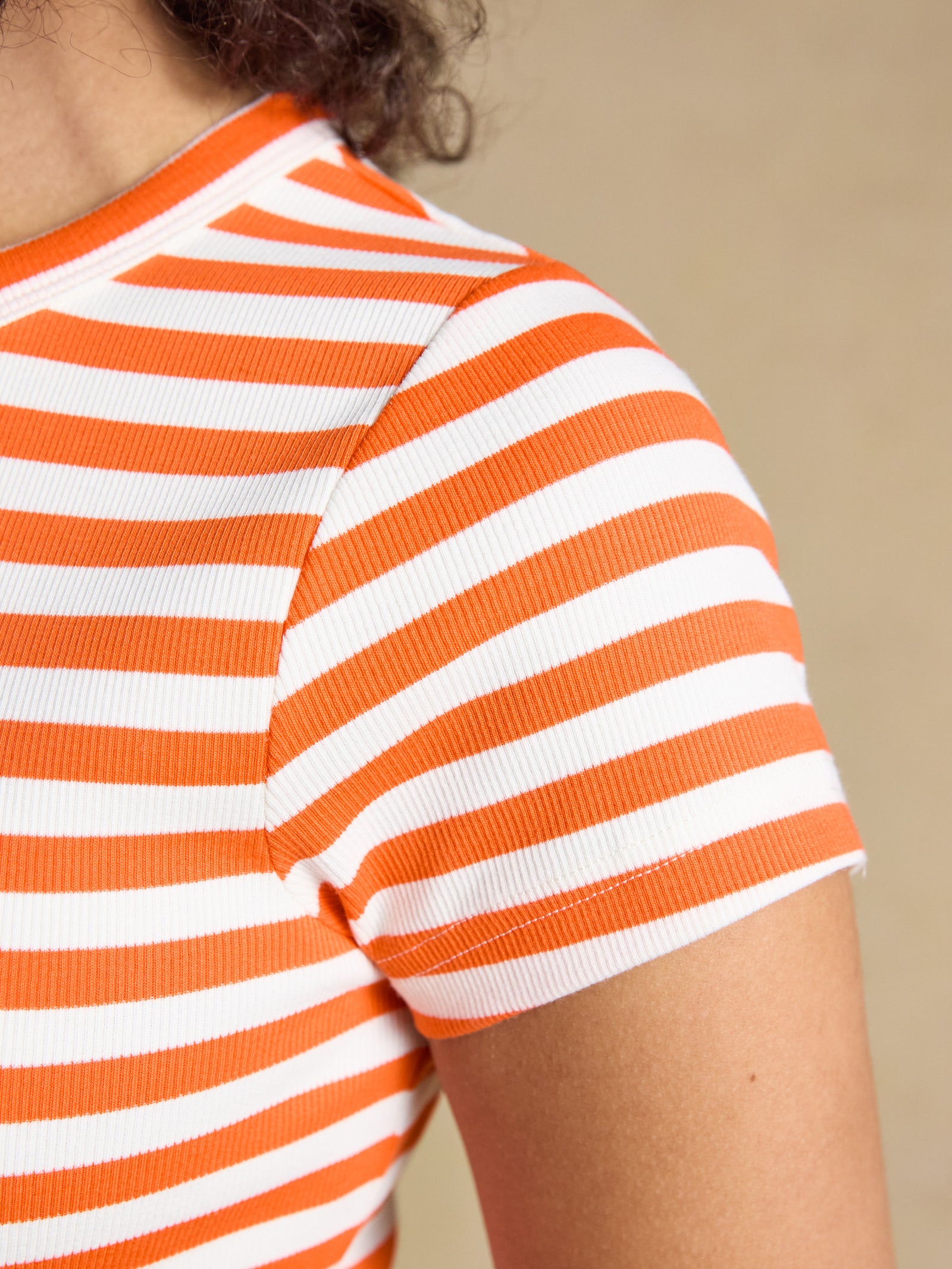 Joules Sophie Orange Striped Short Sleeve Ribbed Fitted T-Shirt