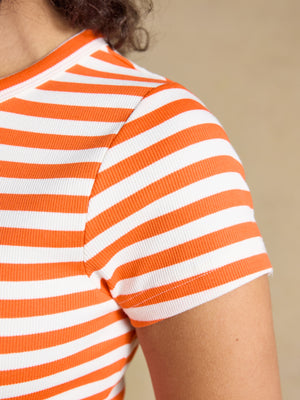 Joules Sophie Orange Striped Short Sleeve Ribbed Fitted T-Shirt