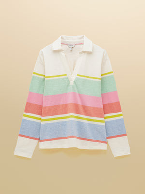 Joules Tallie White & Multi Striped Cotton Jersey Top With Collar
