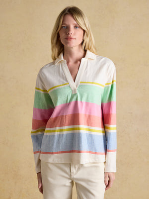 Joules Tallie White & Multi Striped Cotton Jersey Top With Collar
