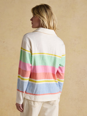 Joules Tallie White & Multi Striped Cotton Jersey Top With Collar