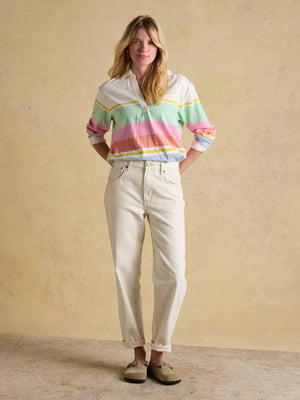 Joules Tallie White & Multi Striped Cotton Jersey Top With Collar