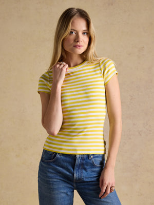 Joules Sophie Yellow Striped Short Sleeve Ribbed Fitted T-Shirt