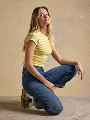 Joules Sophie Yellow Striped Short Sleeve Ribbed Fitted T-Shirt