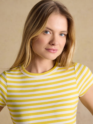 Joules Sophie Yellow Striped Short Sleeve Ribbed Fitted T-Shirt